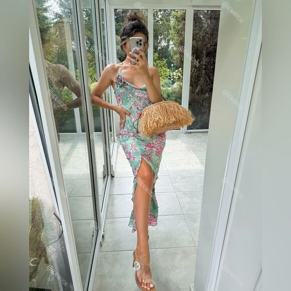 NWT ZARA FLORAL PRINT SLIP DRESS GREEN AND PINK - Picture 8 of 17